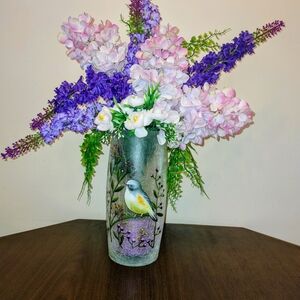 Floral Bird Vase  Arrangement with Purple and Pink Accents